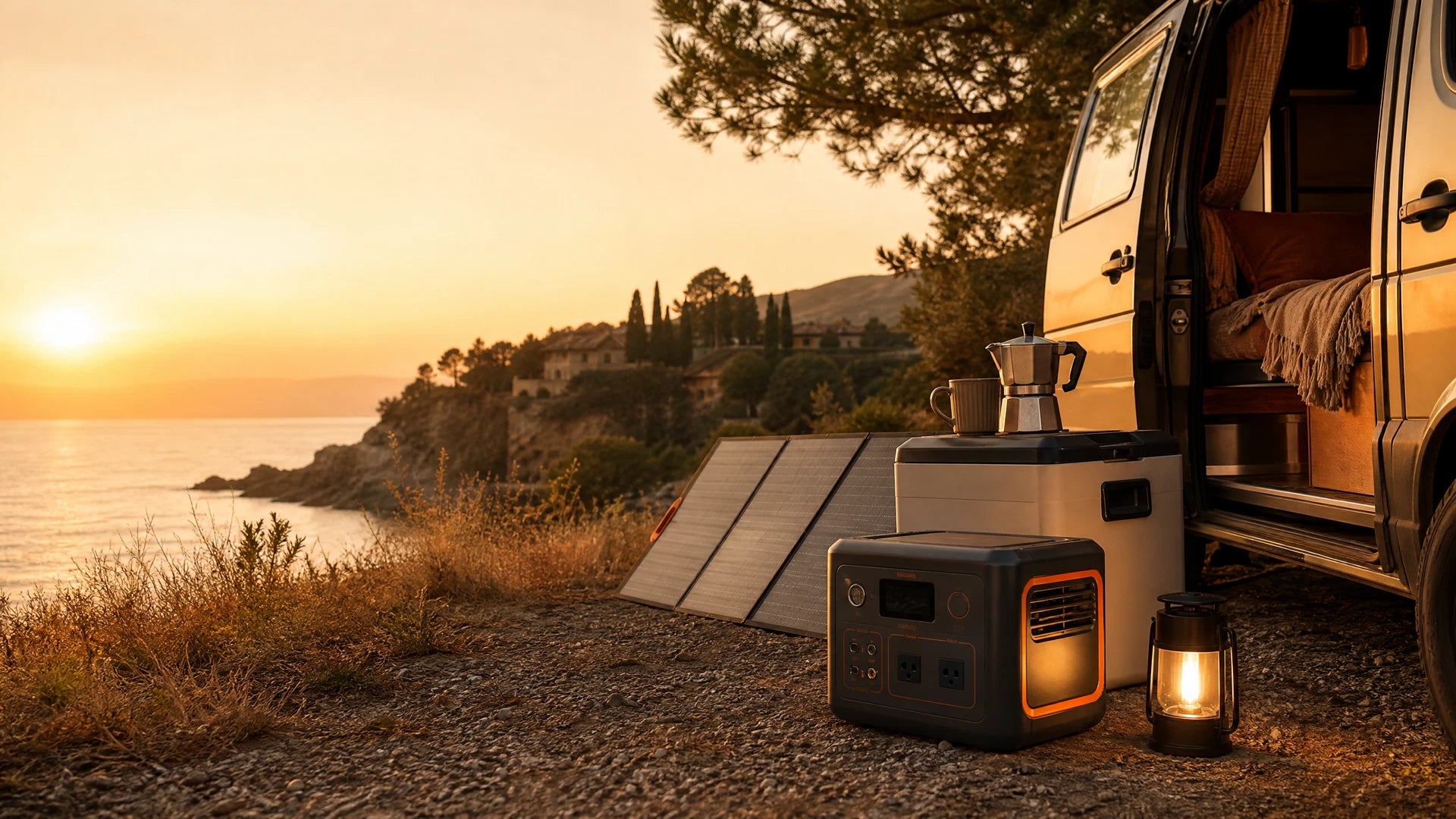 Power station ALLPOWERS in un camper sulla costa italiana